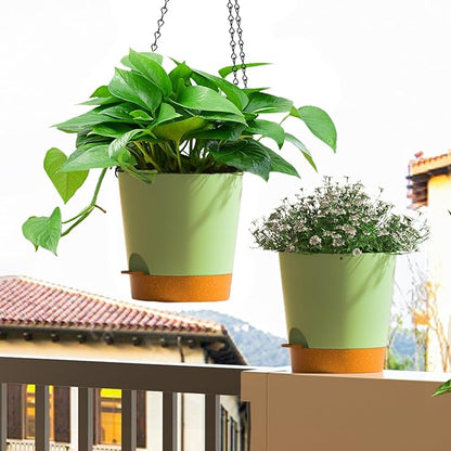 Hanging Planters for Indoor Outdoor Plants, 2 Pack Self Watering Hanging Pot with Drainage Holes and Plant Hangers, Hanging Baskets Flower Pots for Home Garden Decor (Green, 8 inch)