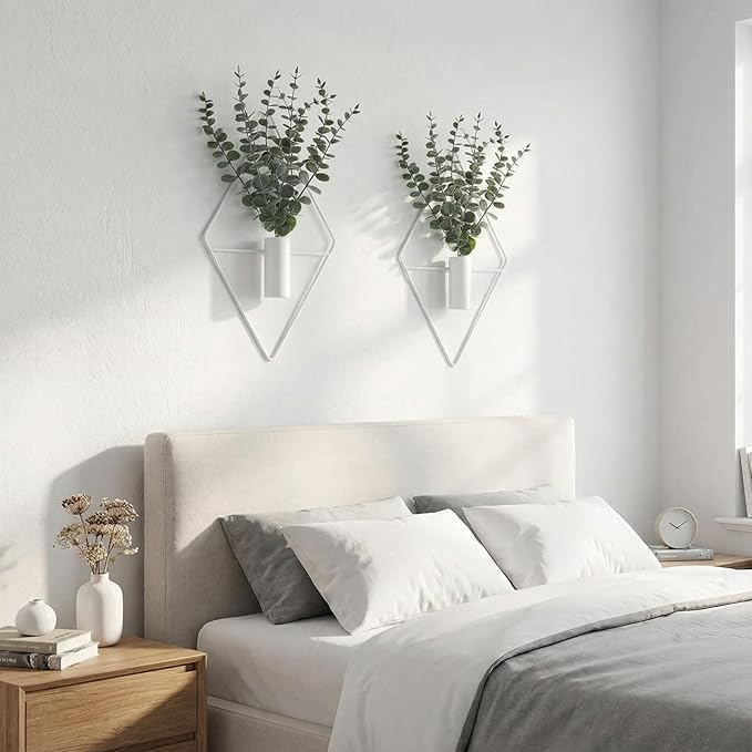 Jexine Hanging Planters with Artificial Eucalyptus Metal Hanging Vase Indoor Plants Holder Modern Geometric Boho Bathroom Wall Decor for Living Room Home Office(White,4 Pcs)