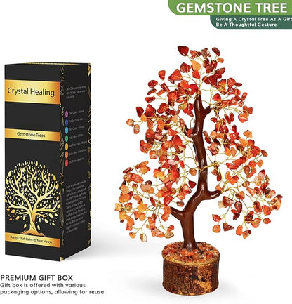 NARIBABU Carnelian Crystal Tree – 10-12 Inch Gemstone Tree with Golden Wire & Wooden Base – Healing Crystals Decor, Spiritual Gift, Gifts for Her, Birthday Gift for Women, Positive Energy Trees