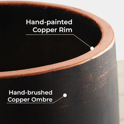 Wallowa 13.3" Dia x 15.3" H Concrete Planter, Outdoor Planter, Black with Gold Rim, Flower Pot with Drainage Hole and Silicone Plug, Plant Container for Garden, Patio, Home, Office, 1 Pack