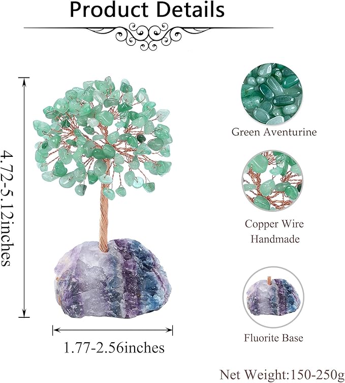 Jovivi Natural Green Aventurine Crystal Tree, Raw Healing Crystals Fluorite Base Bonsai Money Tree for Home Office Table Decor Wealth and Luck