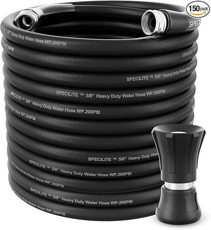 SPECILITE 5/8" Hot/Cold Water Hose 150 ft with High Flow Nozzle,Heavy Duty Flexible Rubber Garden Hose -50℉ to 158℉ With 3/4" Stainless Steel Fittings for Yard, Outdoor, Farm, Lightweight, Black