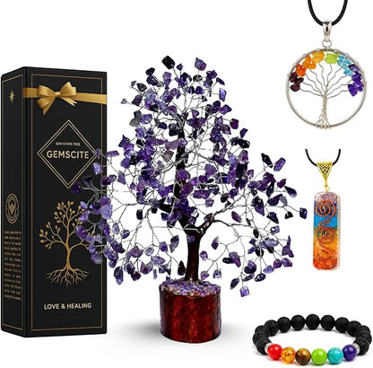 GEMSCITE Amethyst Crystal Tree with Silver Wire – Handmade Gemstone Bonsai for Healing, Meditation & Elegant Home Decor