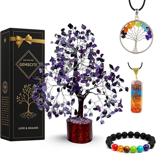 GEMSCITE Amethyst Crystal Tree with Silver Wire – Handmade Gemstone Bonsai for Healing, Meditation & Elegant Home Decor