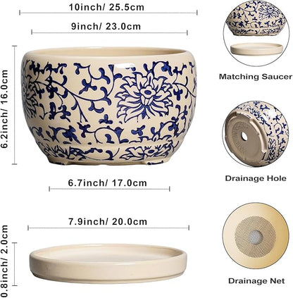 SQOWL 10 Inch Plant Pot Indoor - Ceramic Planter with Drainage Hole and Tray, Large Ceramic Flower Pots Outdoor, Porcelain Decorative Round Planter, Room Decor, Gifts for Plant Lovers, Blue and Beige