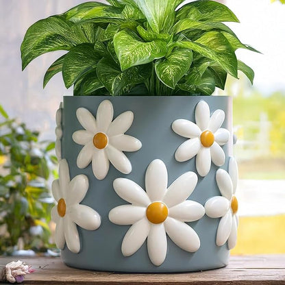 GUGUGO 8 Inch Daisy Planters, Decorative Large Plant Pots with Drainage Holes, Funny Unique Flower Pot for Indoor Plants, Colorful Gardening Pot for Boho Modern Home Décor, Blue