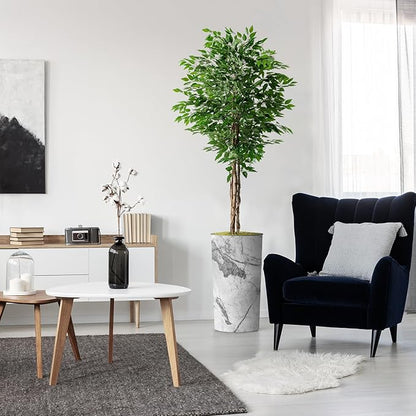 Artificial Tree in Gray Marble Effect Planter, Fake Ficus Silk Tree for Indoor and Outdoor Home Decoration - 75" Overall Tall (Plant Pot Plus Tree)