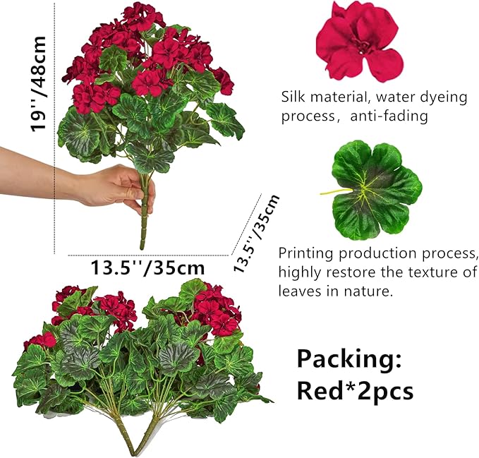QIANYUN 2Pcs 19'' Realistic Artificial Geranium, Uv Resistant, Wedding Kitchen Garden Table Centerpieces Indoor Outdoor Decor (Red Geranium Flower)