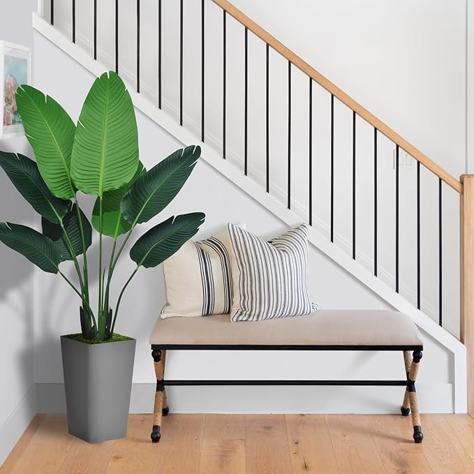Bird of Paradise Artificial Plant 5FT - Faux Tropical Palm Tree with Gray Tall Planter - Fake Banana Leaf Floor Plant Potted - Artificial Silk Tree for Home Office Living Room Decor Indoor