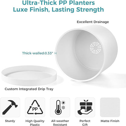 FaithLand 12-Inch Large Modern Cylinder Planter, Thick-Walled Plastic Plant Pot with Drainage Holes and Detachable Saucer, Matte White, Ideal for Indoor & Outdoor Plants Flowers