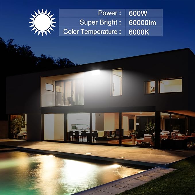 600W Outdoor LED Flood Light, 60000LM Super Bright, 110-285V, IP66 Waterproof, 6000K Daylight White Security Lights,Lighting for Playground Yard Stadium Lawn Ball Park