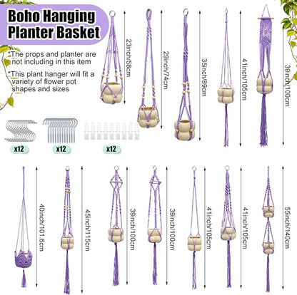 Hoteam 12 Pcs Macrame Plant Hangers Macrame Hanging Planters for Indoor Plants Handmade Boho Hanging Baskets Flower Pots Holder for Outdoor Home Wall Decor