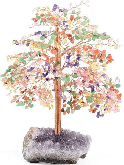 Natural Gemstone Crystal Tree of Life,Chakra Tree Multi Stone,Amethyst Geode Cluster Base,Positive Energy Healing Crystals Bonsai Money Tree,Feng Shui Home Decor Spritural Gift10-12"