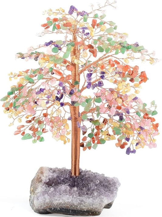 Natural Gemstone Crystal Tree of Life,Chakra Tree Multi Stone,Amethyst Geode Cluster Base,Positive Energy Healing Crystals Bonsai Money Tree,Feng Shui Home Decor Spritural Gift10-12"