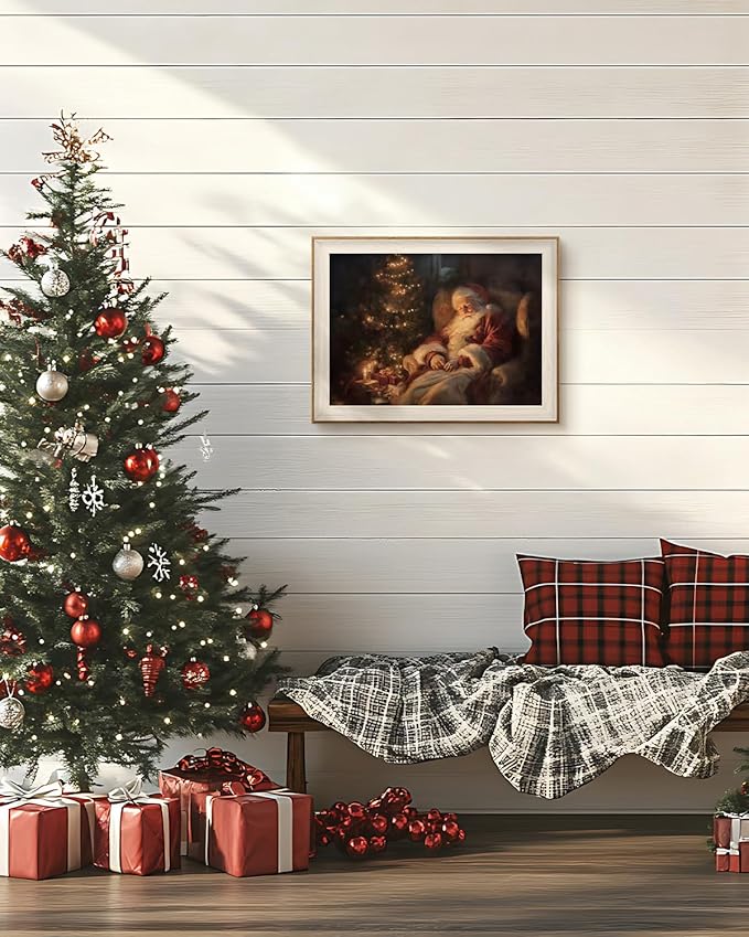 InSimSea Christmas Decor Framed Wall Art Santa Claus and Christmas Tree Canvas Painting Pictures Room Aesthetic Vintage Rustic Holiday Home Decor Xmas Gifts for Living Room Bedroom Bathroom 12L x 16W
