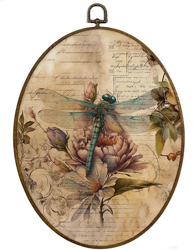 MAQIKA Farmhouse Dragonfly Oval Framed Wall Art Decor, Dragonfly Wall Decor, Dragon Fly Floral Oval Wall Hanging Decor, Vintage Dragonflies Canvas Prints Wall Art for Living Room Home, 8.7x11.3 Inch