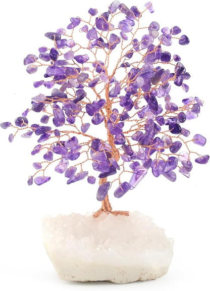 Natural Amethyst Crystal Tree of Life,Clear Quartz Cluster Base,Healing Crystals Positive Energy Gem Money Tree Bonsai,Feng Shui Decor,Spriture Gift Size 5.5"-6.3"