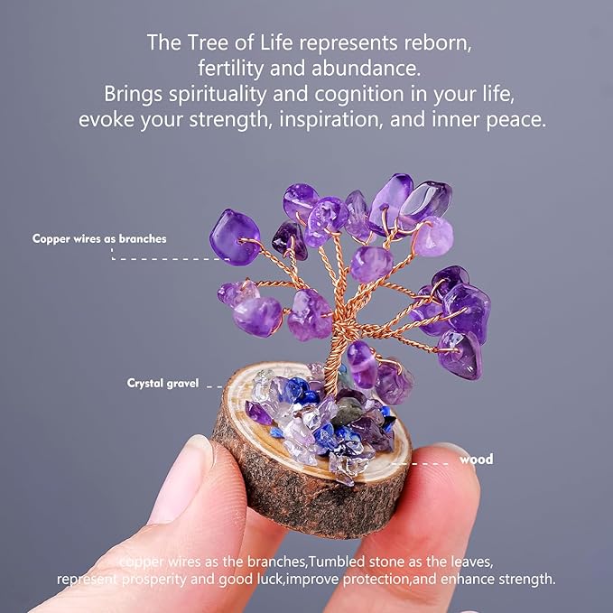 Runyangshi 12pcs Crystal Tree Set Tree of Life Natural Crystal Healing Stones with Wooden Base Gemstone Trees Fengshui Good Luck Positive Energy Home Decor