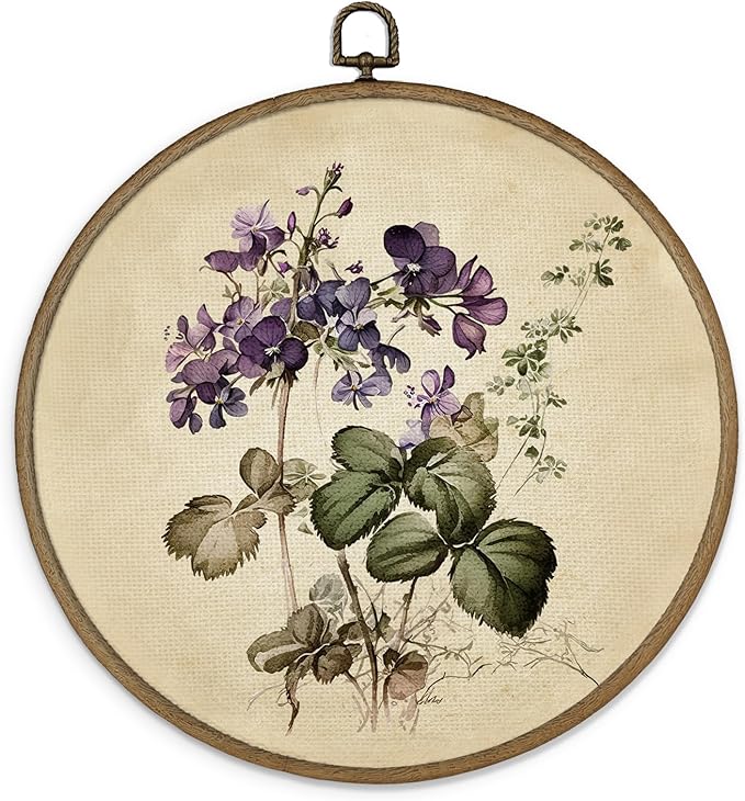 MAQIKA Vintage Purple Wildflower Framed Wall Art Decor, Botanical Wall Art, Plant Round Wall Hanging Decor, Farmhouse Flower Canvas Prints Wall Art for Bathroom Kitchen Living Room, 10x10 Inch