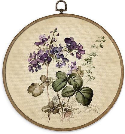 MAQIKA Vintage Purple Wildflower Framed Wall Art Decor, Botanical Wall Art, Plant Round Wall Hanging Decor, Farmhouse Flower Canvas Prints Wall Art for Bathroom Kitchen Living Room, 10x10 Inch
