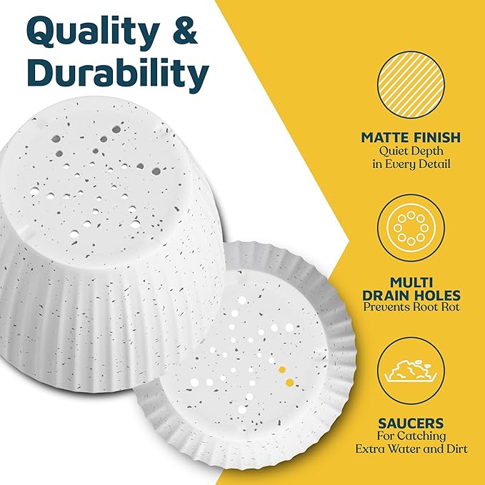 White Gray 6-Inch Plant Pots with Drainage & Saucers 18 Pack, Indoor & Outdoor Planters for Houseplants, Herbs, and Flowers, Durable & Weatherproof Material, Stackable, Lightweight, Minimalist Design
