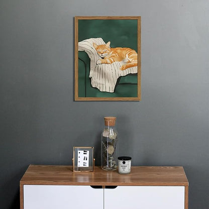 Funny Cat Wall Art Cute Cat Sleeping on Couch Wall Decor Painting Orange Pet Kitty Portrait Pictures Prints Contemporary Animal Canvas Artwork for Bedroom Living Room 16x24 inch Wood Framed