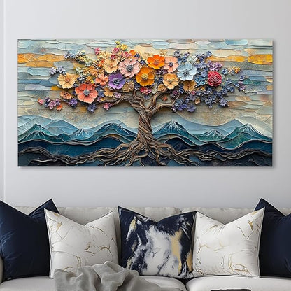 Floral Flower Tree Canvas Wall Art Colorful Tree of Life Painting Prints for Living Room Colorful Abstract Blooming Tree Flower Pictures Wall Décor Bedroom Farmhouse Home Decor Ready to Hang (30x60 Inches)
