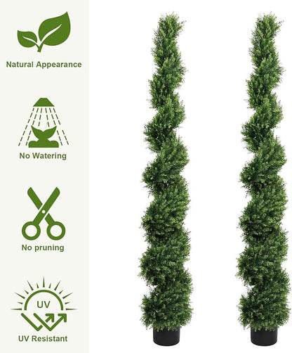 THE BLOOM TIMES 6ft Spiral Artificial Topiary Trees Set of 2, 71 inch Faux Cedar Trees for Outdoor Planters - Fake Twist Cypress Plants for Garden Front Porch Indoor Outside Decor 6 Foot