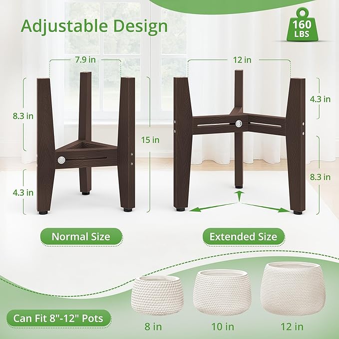 LUE BONA HDPS Plant Stand Indoor Outdoor, Adjustable Mid Century Modern Stand for Plants 8-12 Inch Pots, Coffee Brown