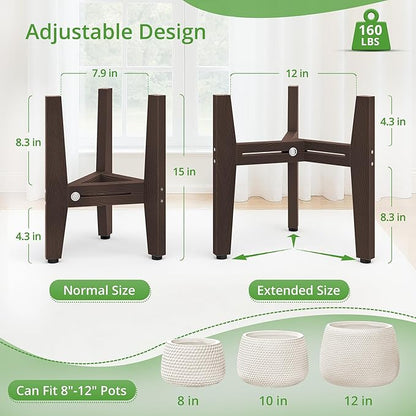 LUE BONA HDPS Plant Stand Indoor Outdoor, Adjustable Mid Century Modern Stand for Plants 8-12 Inch Pots, Coffee Brown