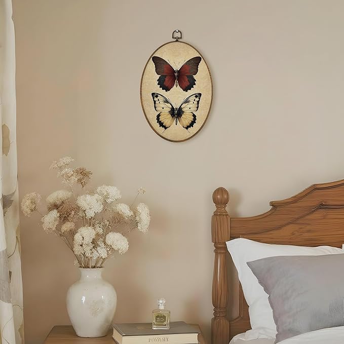 LKETW Vintage Butterfly Oval Wall Art Decor, Retro Cottagecore Butterfly Oval Canvas Hanging Decor, Retro Whimsical Moth Insect Wall Decorations for Home Living Room Bedroom, 8.6x11.4 Inch
