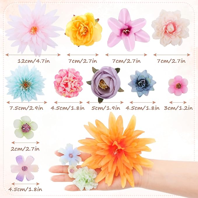 80 Pcs Assorted Fake Flower Heads Mini Artificial Flower Heads Bulk Silk Faux Daisy for Crafts Fake Peony Rose for Wedding Party Wreath Home Decoration(Assorted Color)