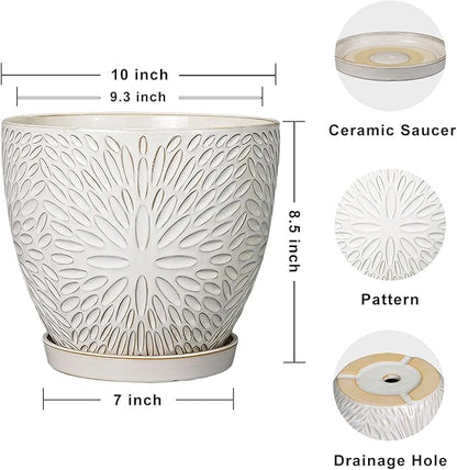 G EPGardening 10 Inch Ceramic Planter Pot with Drainage Hole and Saucer Large Plant Pot for Indoor Plants Outdoor Round Flower Pot for Home Garden Office White