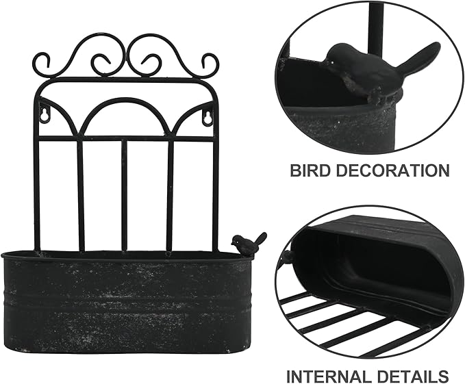 Rustic Metal Wall Planter Country Garden Wall Hanging Mount Vase Pocket Outdoor Vintage Hanging Pot Farmhouse Wall Decor for Plants Flowers (Black)
