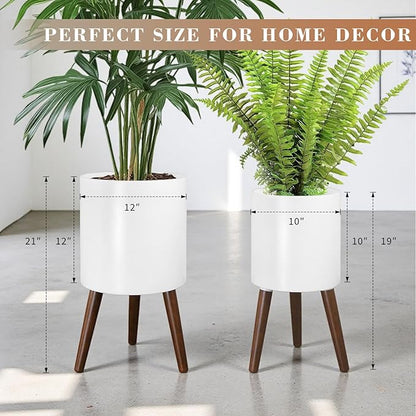 Plant Pot with Stand, Planters for Indoor Plants, Set of 2 Size Planter Pots, Modern Planter with Stand for Living Room, Office, Garden or Balcony, White, 10"&12"