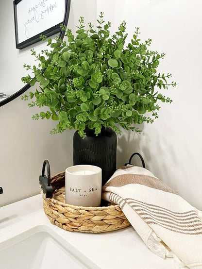 Artificial 5Pcs Faux Eucalyptus Leaves Stems Fake Plants Sharp UV Resistant Faux Plastic Boxwood for Wedding Kitchen Office Garden Porch Farmhouse Window Box Home Decor