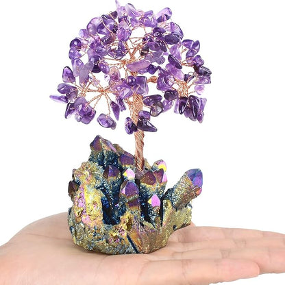 Natural Amethyst Decor Crystal Tree of Life Quartz Rainbow Tatinium Base Healing Crystals Feng Shui Bonsai Handmade Money Tree for Wealth and Luck