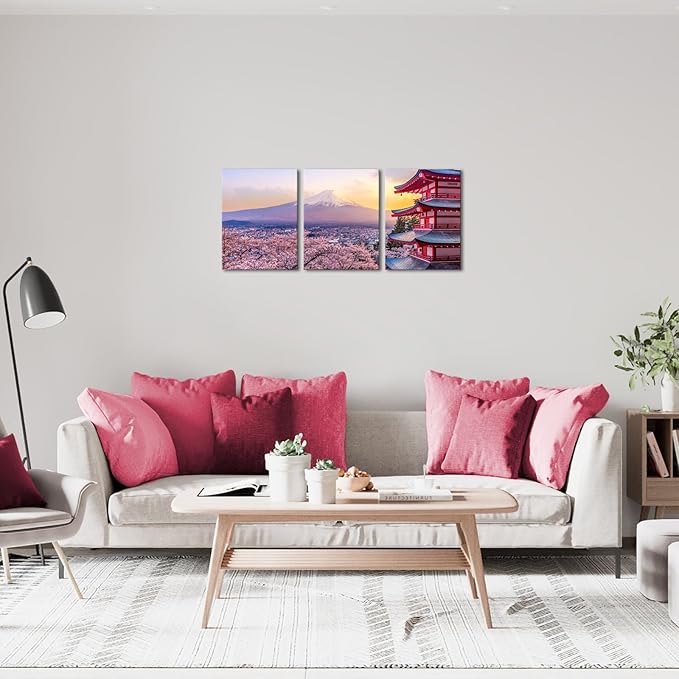 AoArtWZ Mount Fuji Canvas Wall Art Kyoto Cherry Blossom Japanese Landscape Pictures Print Artwork for Home Office Living Room Decor Framed 12" x 16" x 3Pcs