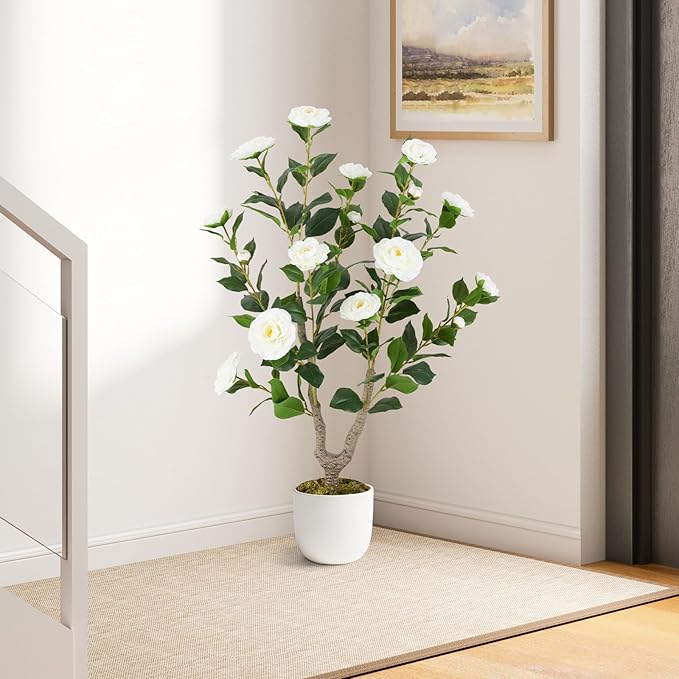Goplus 36’’ Artificial Camellia Tree, Flower Plants Artificial Tree, Faux Floral Plant Blooming Tree in Nursery Pot, Greenery Potted Plant for Indoor Office Home Porch Decor, White