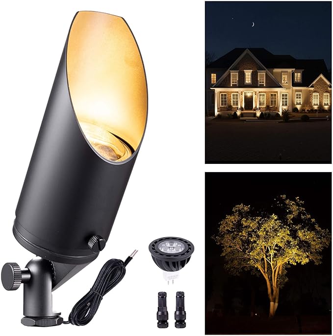 Gardenreet Brass Landscape Spotlights Low Voltage - Outdoor LED Uplight 12V, Wired Spot Lights IP65 Waterproof, Black for Exterior Garden Yard Tree House with 5W 2700K Warm White MR16 Bulb