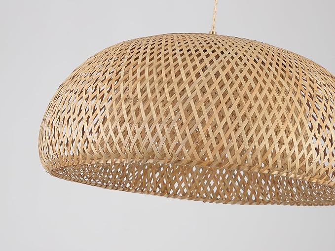 Bamboo Plug in Pendant Light with 14ft Handmade Woven Light Cord, Dimmable Switch, Rustic Basket X-Large Hanging Lamp for Bedroom Kitchen Island Dining Room Living Room, 23.6 inch Width