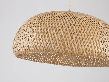 Bamboo Plug in Pendant Light with 14ft Handmade Woven Light Cord, Dimmable Switch, Rustic Basket X-Large Hanging Lamp for Bedroom Kitchen Island Dining Room Living Room, 23.6 inch Width