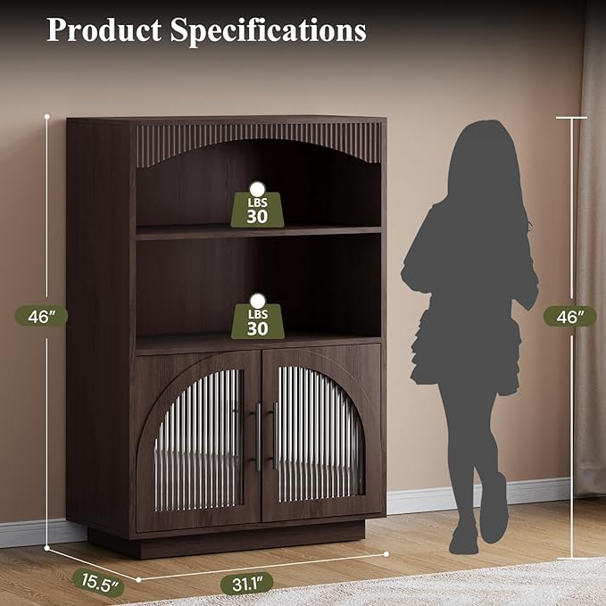 46" Bookshelf with Doors, Brown Bookcase with Glass Door, 3 Tier Small Bookshelf w/Deep Storage Cabinet and Adjustable Shelves, Wood Standing Mid Century Book Shelf for Home Office Kitchen