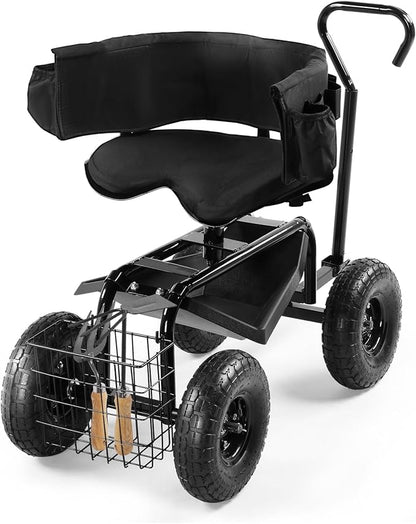 Outvita Rolling Garden Seat with Wheels, Gardening Stool with Height Adjustable 360 Degree Swivel Seat, Ergonomic Backrest, Tool Tray & Storage Basket, Outdoor Gardening Scooter Cart for Patio, Black