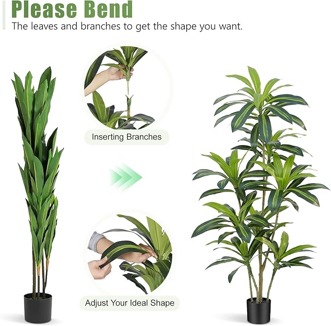 Dracaena Plant Artificial Tree 5Ft Tall Fake Tropical Floor Plants Potted (Real Touch) Artificial Silk Tree Leaf Faux Trees Black Tall Planter for Home Office Living Room Indoor Outdoor Decor