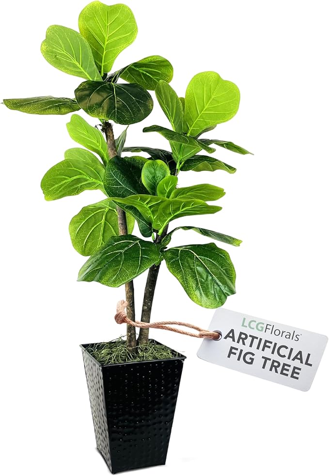 3.2ft Artificial Fiddle Leaf Fig Tree - Real Wood Trunk, Preassembled, No Maintenance Indoor Faux Plant in Black Metal Pot - Living Room, Home & Office Decor