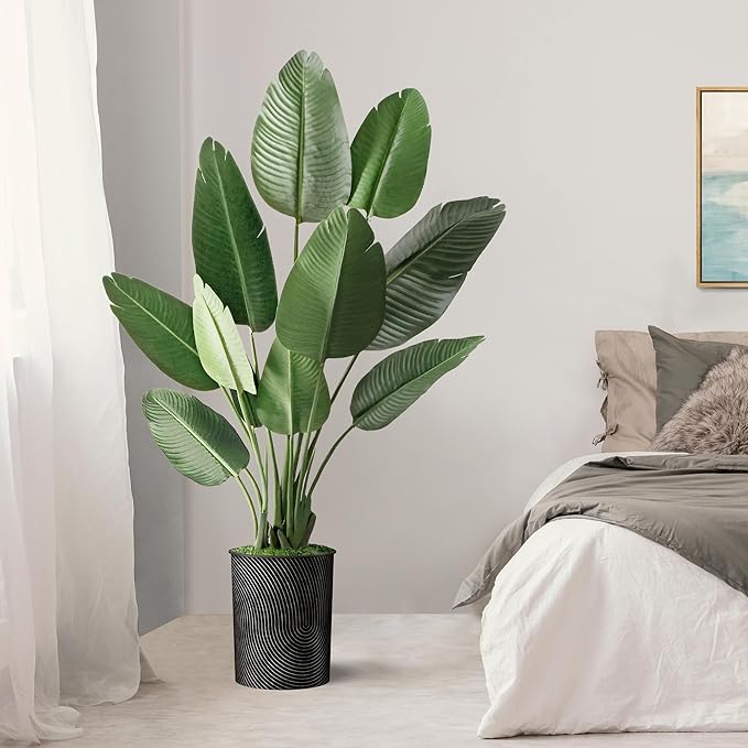 Artificial Tree in Geometric Spiral Pattern Planter, Fake Bird of Paradise Silk Tree for Indoor and Outdoor Home Decoration - 58" Overall Tall (Plant Pot Plus Tree)