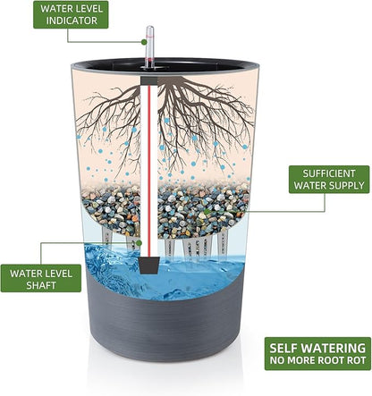 Dexceder 16x12 Tall Self Watering Planter High Cylinder Indoor Outdoor, Thickened Large Floor Standing Flower Plant Pot with Water Level Indicator (Gray, Wire Drawing)
