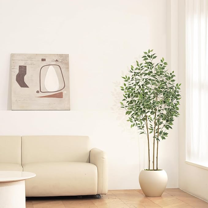 Ficus Tree Artificial - 6ft Artificial Ficus Trees Indoor with Natural Trunk and Lifelike Leaves - Fake Ficus Tree for Home Office Corner Indoor Decor