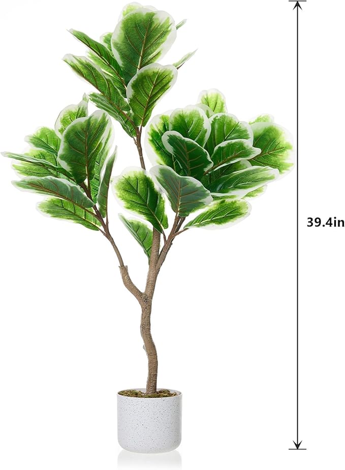 3.3 FT/39.4 in Lifelike Fiddle Leaf Fig Tree with Realistic Trunk, Faux Indoor Plant in Pot for Home and Office Decoration